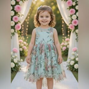 Zunie Girls Formal Dress 3T Blue Tulle with Roses Flowers Wedding Easter